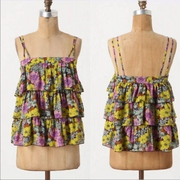 Anthropologie Tops - Anthropologie Leifnotes Floral Tank Top Blouse size 2 Strappy Ruffles